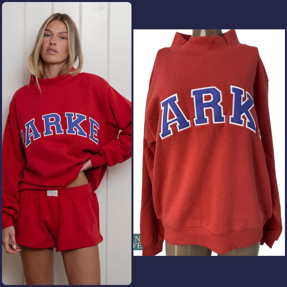 NEW Parke Low Tide Varsity Mockneck Sweatshirt Red Heritage Terry S/M